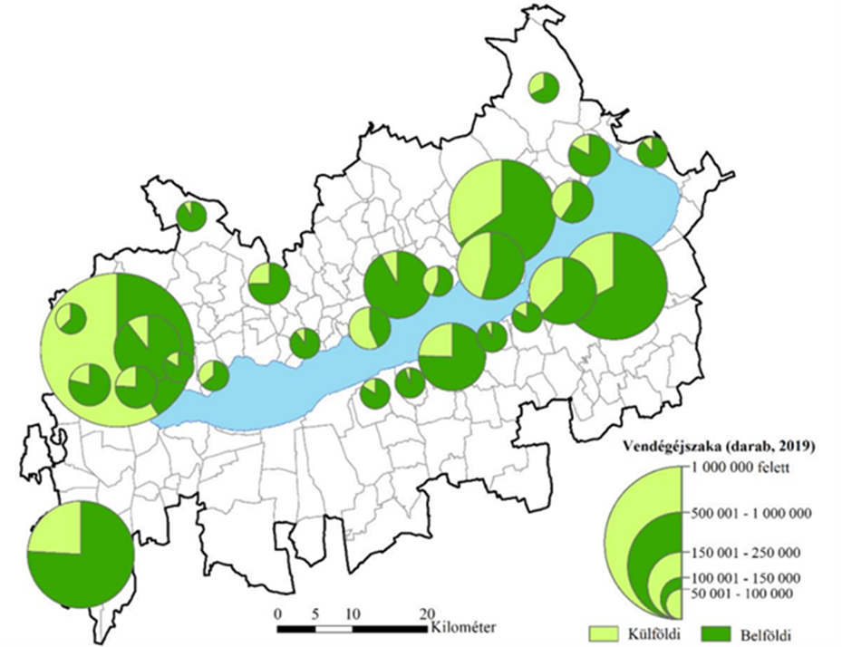 A kereskedelmi szálláshelyek vendégéjszaka számának térbeli eloszlása a Balaton turisztikai térségben. (Horváth Zoltán PhD értekezés, 2020 alapján)